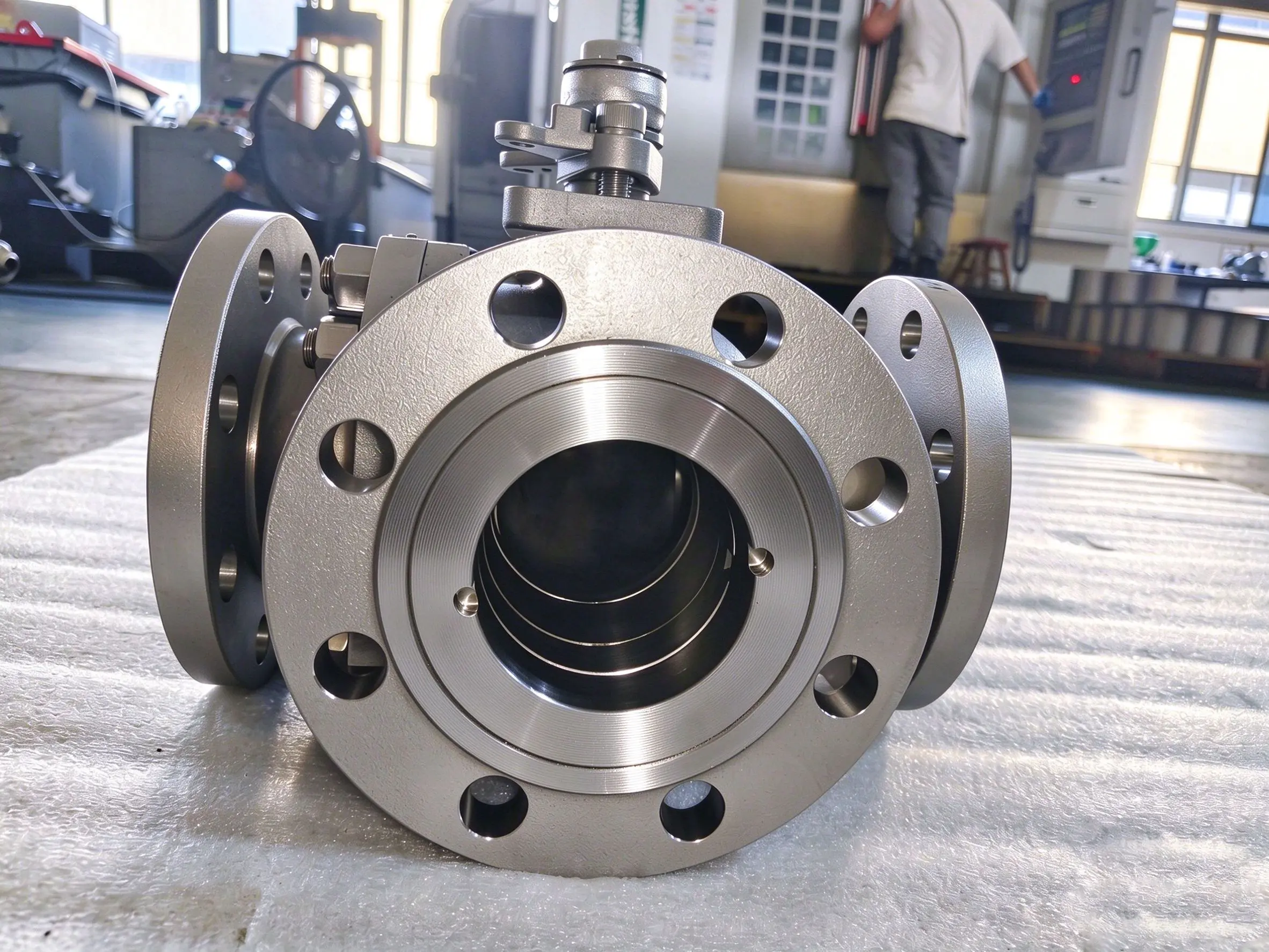 4-way ball valve flange end machined sealing surface close up