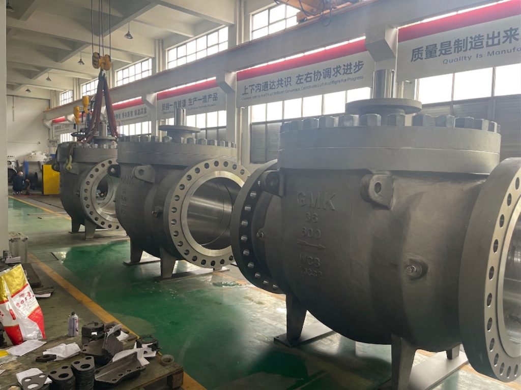 Large diameter industrial ball valves in GMK production workshop